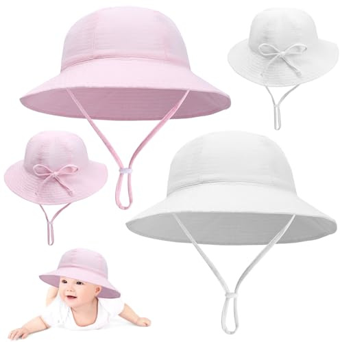 2 Pcs Baby Sun Hat Cotton Soft Bucket Hat Fishing Hats with Adjustable Bow Head Tie and Chin Strap for 0-24 Months Newborn Kids Girls Boys (Age 0-6 Months, Pink+White)