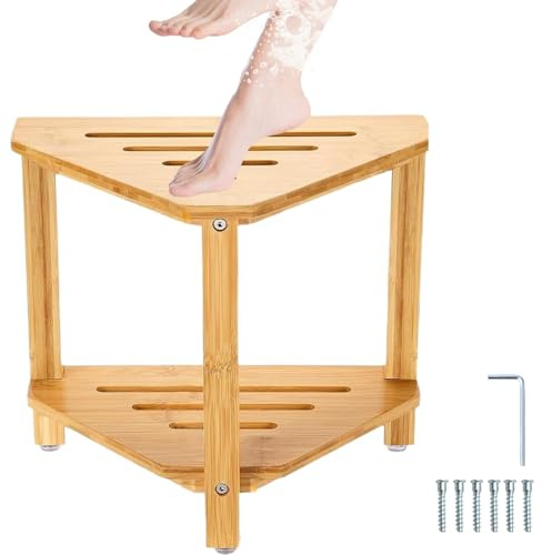Shower Foot Rest Stool 14.5 Inches, Waterproof Wooden Shower Footrest | with Storage Rack, Small Space Shaving Leg Hair Footstool for Inside Shower