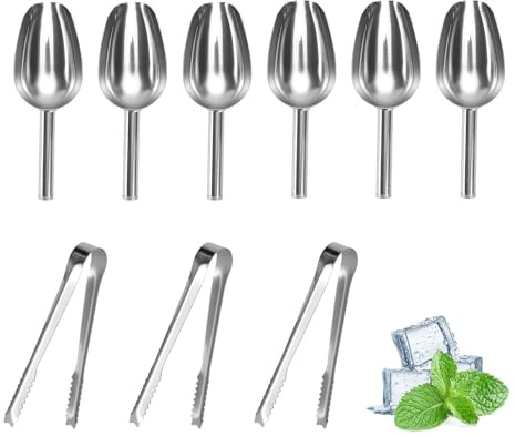 6 Piezas Pala de Hielo de Acero Inoxidable, Pala de Harina Cuchara para Helado Cuchara para Hielo con 3 Pinzas Hielo, Cuchara para Galletas Pala de Harina para Dulces Comida Cocina Bar Supermercado