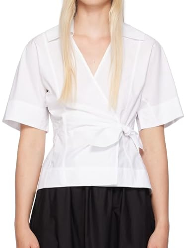 SUNNOW Women's White Wrap Blouse Shirt V-Neck Spread Collar Self Tie Belt Long Sleeve Top (US, Alpha, X-Large, Regular, Regular, White)