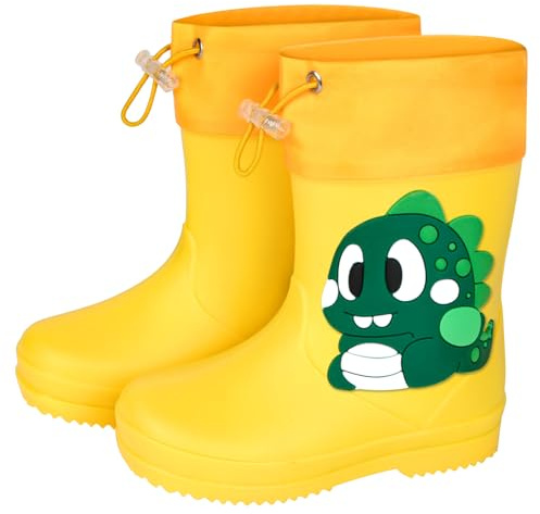 Aomig Stivaletti Pioggia Bambino, Stivali Di Gomma Con Coulisse per Bambini Unisex, Scarpe da Pioggia Antiscivolo Impermeabili Ragazzo e Ragazza, Dinosauro - Giallo (EU: 26-27)