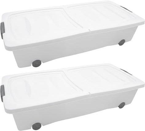 Spetebo XXL Contenitore sottoletto con chiusura a ribalta, set da 2 - 40 litri - Scatola portaoggetti con ruote e coperchio diviso in bianco - Scatola universale per riporre sotto il letto, scatola