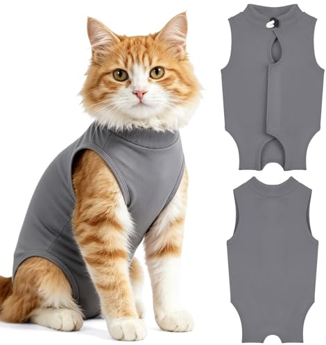 OFFCUP Combinaison de Récupération, 2 PCS Body Chat Post Operatoire, Gilet de Récupération de Chat Femelle Male, Protection Contre Le Léchage Convient Plaies Abdominales ou Maladies de Peau, Gris/L