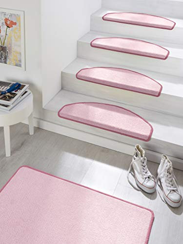 Hanse Home Stufenmatten Fancy – Treppen-Teppich Treppenmatten Selbstklebend Sicherheit Stufenteppich halbrund für Treppenstufen – Rosa, ca. 23x65cm 15 Stück