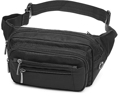 Packism Fanny Packs for Women Men - 6 Pockets Large Crossbody Waist Bag with Adjustable Strap Belt Bag for Travel Running Hiking, Black