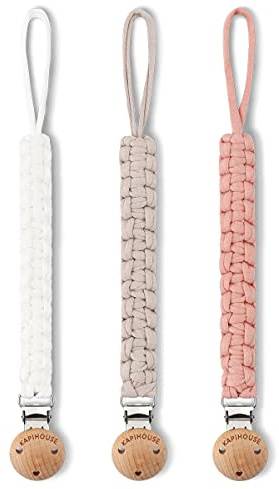 Kapihouse Pacifier Clip for Girl 9.2 Inch Pacifier Leashes woodern Clips Teething Toy with Handmade Braided Cotton Modern Unisex Baby Shower Birthdays Christmas Set (3 Pack Grils)