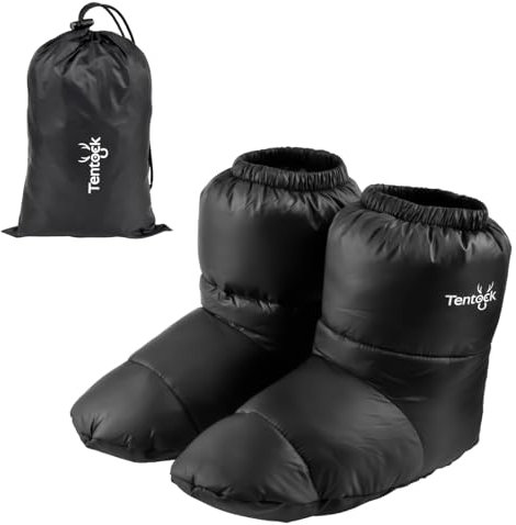 Tentock Daunenschuhe Gänse Daunen Socken Cozy Moonboots Bettschuhe Winter WäRme Hausschuhe Leicht Weich Unisex Winddicht Wasserdicht Indoor Zelt Schlafsackschuhe Camping(schwarz L)