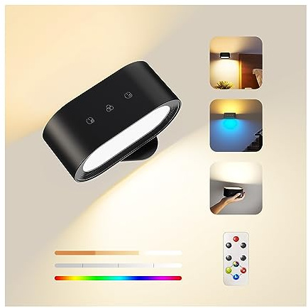 Feallive Lampada da parete per interni, lampada da parete con telecomando 7 RGB Luce d'atmosfera con batteria Touch Control 15 modalità di illuminazione 4 livelli di dimmerazione, funzione timer di 1