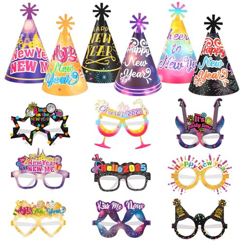 DPKOW 30 Stück Bunt Silvester Partyhüte Partybrille Silvester Brille 2025 Foto Requisiten Silvester Accessoires fürSilvester Deko 2025 Neujahr Deko Silvester Party 2025 Happy New Year Deko
