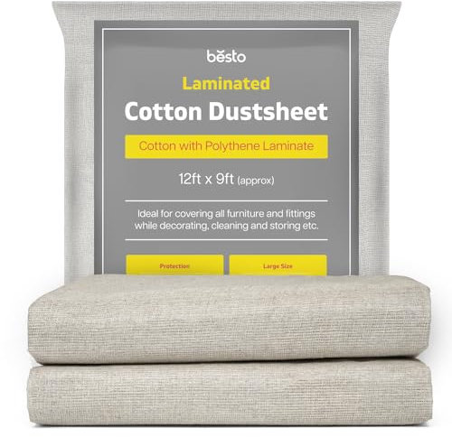 Pack of 2 Laminated Cotton Dust Sheets for Decorating, Waterproof 12ft x 9ft Dust Sheets Twill Laminated Polythene Backed Reusable Paint Sheets for Furniture, Floor, Staircase and DIY Projects