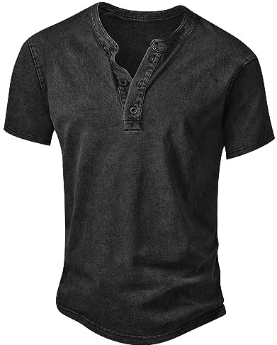NITAGUT Henley T-shirt en coton pour homme - Coupe ajustée - Manches courtes - Vintage - Distressed Tee Shirts - S-XXL
