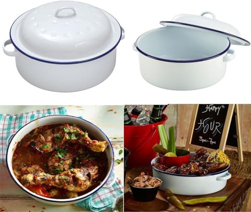 VG® Round Vitreous Enamel Roaster with Lid Oven Safe 27cm Diameter Ideal for Oven to Table use, White with Blue Rim,Self-Basting Ideal for Traditional Roasts Cook Hearty Family Meals Casserole Stew
