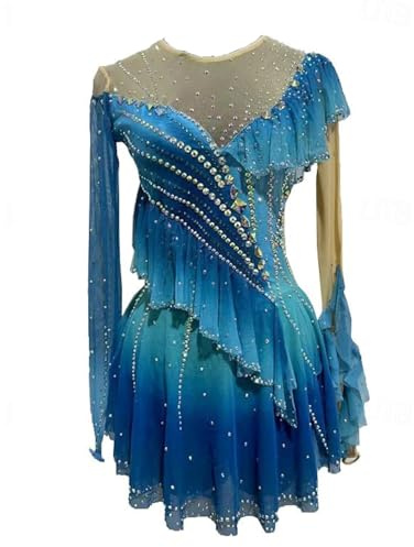 JRUIA Blue,S,Women's Professional Figure Ice Skating Competition Wear Girls' Gradient Roller Skate Dress Gymnastics Activewear