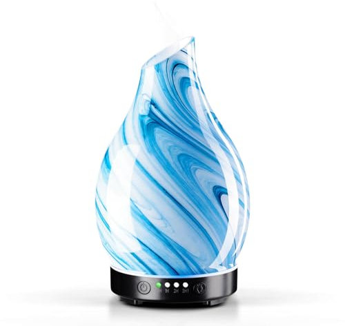 Porseme Difusor de Aroma 150ml, Vidrio soplado a Mano, humidificador ultrasónico silencioso, 7 Colores LED, Apagado automático, Libre de BPA, con Temporizador para aceites Esenciales (Tinta Azul)