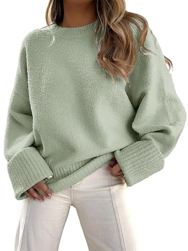 Jhsnjnr Jersey de Punto Grueso Oversized para Mujer Holgado de Manga Larga Tejido de Punto Pullover de Punto Cuello Redondo Suéter Holgado Jerseys, verde, S