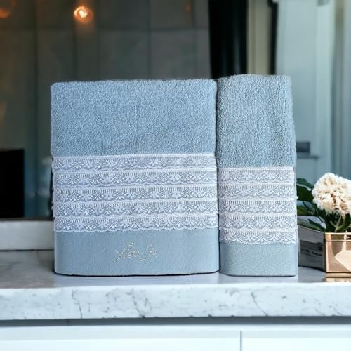 LIU . JO MILANO Coppia di Asciugamani Viso e Ospite in scatola in Spugna di puro cotone con pizzo Art. Paradiso (Zucchero)
