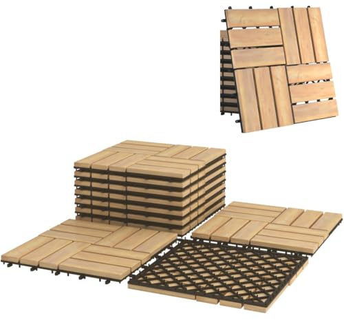 TANGZON Acacia Wood Deck Tiles, 30 x 30 cm Interlocking Patio Flooring with Click System & Drainage Base, Wooden Floor Tiles for Balcony Garden Indoor(10PCS, Parquet Pattern - Natural Wood)