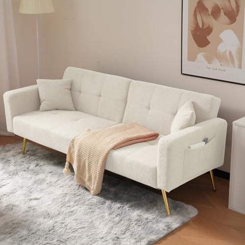 PUGSDRLY Canape 2 Places Convertible avec Coussins,Canapé Lit Convertible avec Poches de Rangement Latérales,Angle Réglable,Pieds Dorés,Tissu Sherpa,pour Petits Appartements et Dortoirs (Blanc)