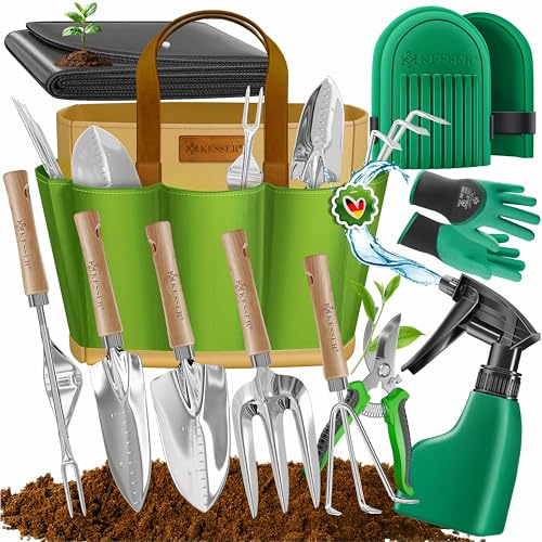 Set d'outils de jardin KESSER® 10 pièces avec poignées en bois ergonomiques, incluant un sac imperméable en tissu Oxford 600D, protège-genoux, tapis de plantation, bouteille de pulvérisation, sécateur