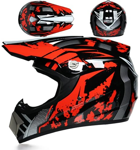 WMDMJT Casco De Motocross Integral para Adultos Jóvenes ATV Moto MTB con Gafas Máscara Guantes, Ligero Y Ventilado para Carreras Offroad Enduro Cross Y Bicicleta,Red1-M