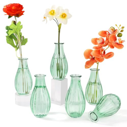 Otauoaea Lot de 6 Petits Vases en Verre, 220ML Mini Vases en Verre Vintage Mini Vase Deko Set Différentes Tailles Vase de Fleurs,pour Décorations de Table Moderne Centres de Table,Vert