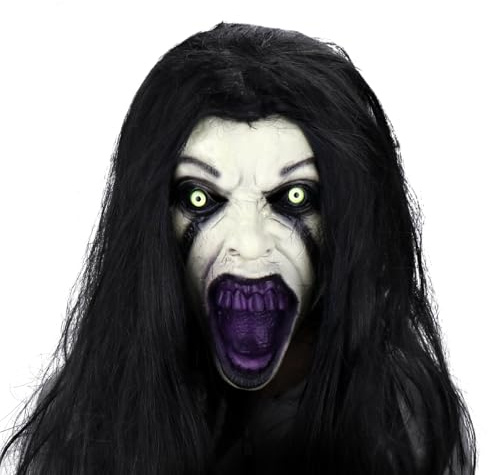 SelfTek Halloween skräck mask med hår för vuxna | Original patenterad läskig kvinnlig spökmask, latex andas, realistisk skrämmande mask för halloween