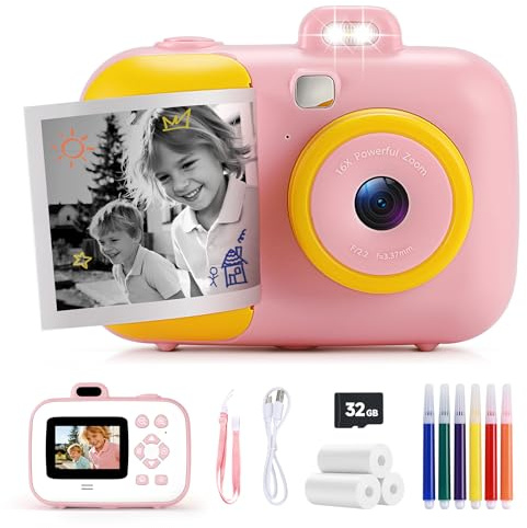 Instant Camera for Kids with Print Paper, 1080P HD Kids Camera Instant Print with 32GB SD Card, Girls Toys for Ages 5-7, Birthday Gifts for 5 6 7 8 9 Year Old Girls