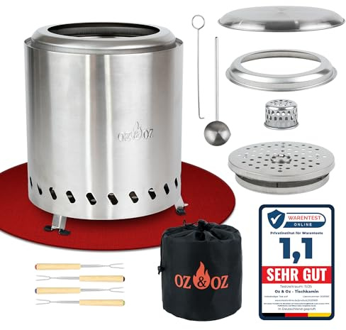 Oz & Oz Tischfeuer - Raucharmer Tischkamin für Pellets und Holz Feuerstelle Feuerschalen für den Garten Outdoor Gartendeko Feuerkorb Terrassenofen Garten Deko Draußen, Silber, 26 cm