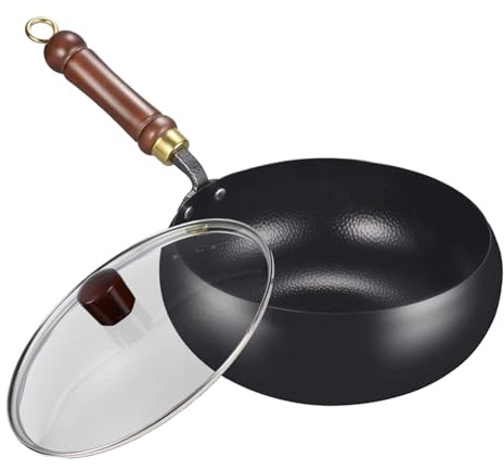 zidiau Sartén de hierro fundido forjado a mano de 24 cm con tapa, antiadherente, de acero inoxidable sin revestimiento, sartén de acero al carbono, olla para estufa de gas de inducción (tapa de