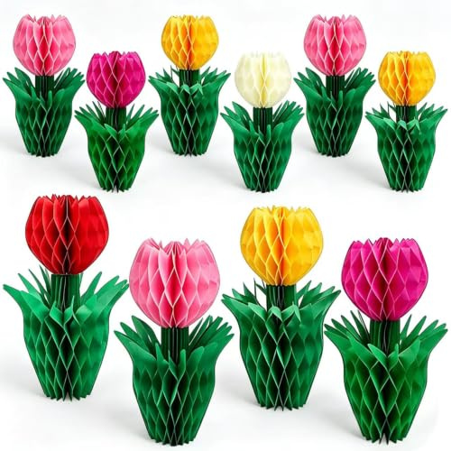 Omnikryp 10 Piezas Tulipanes Artificiales, Mesa de Tulipán de Panal, Elegantes Flores de Papel Decorativas, Pascua Decoracion de Mesa, para el Día de la Madre Bdas y Fiestas en el Jardín Decoración