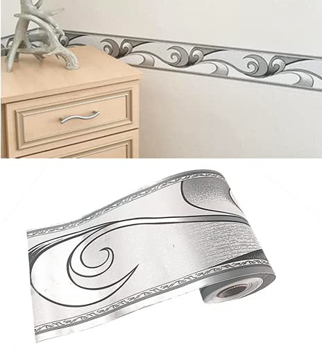 No-Brand Self-Adhesive Royal Silver Grey Wave Pattern Wallpaper Border Peel & Stick Decorative Ceiling & Kitchen/Bathroom/Bedroom Sticker Molding - 10cm x 32.8ft
