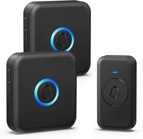 FOVKSUC Wireless Doorbell, Waterproof Door Bell with 60 Chimes, 5 Volume Levels & 2 Mute Modes, Loud Door Bell Ringer Wireless for Home Classroom Office (2 Receiver & 1 Button, Black, American Plug)