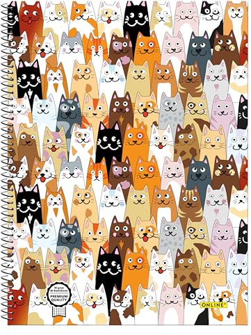Online Collegeblock DIN A4, Notizblock Weiß kariert mit Doppelrand, 80 Blatt, 90 g/m², mit trendigem Design Fluffy Cats, Block mit Spiralbindung und Perforation, 4-fach gelocht für Schule und Büro