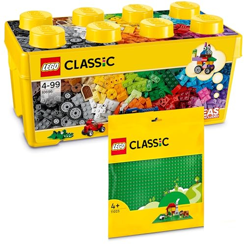 Lego Classic Bausteine Box Mittelgroß + Grüne Platte: Aufbewahrungsboxen & Bauplatte Bundle, Steinebox mit Baseplate für Kinder ab 4 Jahre
