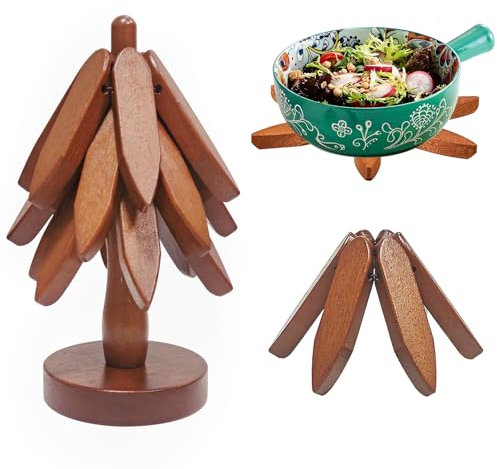 Bukuhlio Dessous de Plat en Bois pour Plats Chauds, Sous-Verres en Forme d'Arbre (3 en Bois+1 Support), Forme de Sapin de Noël pour Boissons (Brun)