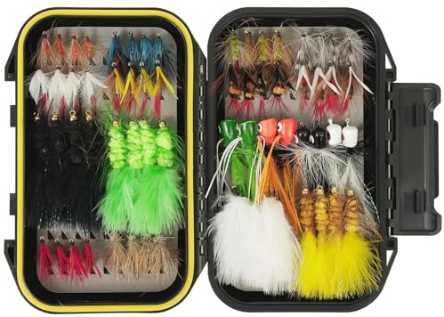 TWUROTI 64PCS Fly Fishing Flies Assortment Kit for Trout Bass, Dry/Wet Flys Fishing Lures | Popper Woolly Bugger Flies with Waterproof Fly Box