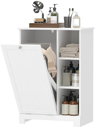 HOMCOM Mobile Portabiancheria per Bagno con Cesto Rimovibile, Armadietto Mobiletto Bagno Salvaspazio, Mobile lavanderia con Sacca Portabiancheria Pieghevole e 3 Ripiani, 60x38x86 cm, Bianco