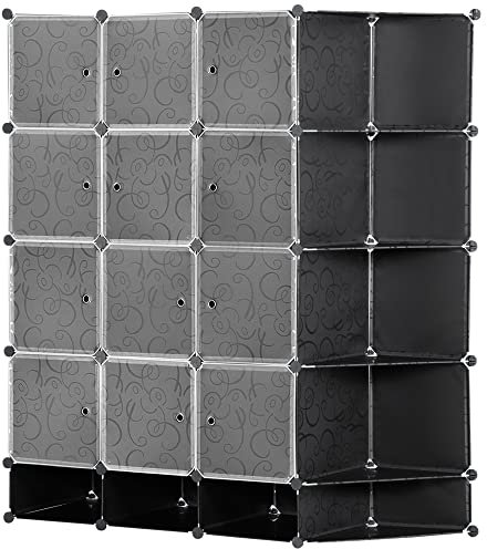 HOMCOM DIY Kleiderschrank Regalsystem mit 16 Fächern und 2 Stangen DIY-Würfelregal, Aufbewahrungsregal für Kleidung, Schuhe, Schwarz 145 x 46 x 162 cm