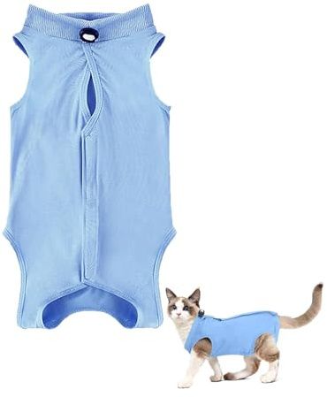 Dryxog Animali Domestici con UnPeso di Circa 14 Libbre oInferiore Body Post Operatorio Gatto, Tuta Recupero Chirurgia del Morbida Tutina Gatto post Operatoria Collare Cono Tutina Gatti (L, Blu)