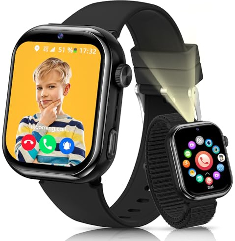 AIMIUVEI 4G Reloj Inteligente Niño, 1.83''HD Smartwatch Niños con GPS y Llamadas, Batería de 800 mAh, Videollamadas y Chat de Voz, WiFi/LBS/SOS/SMS, Modo Escuela, Podómetro, Despertador (Negro)