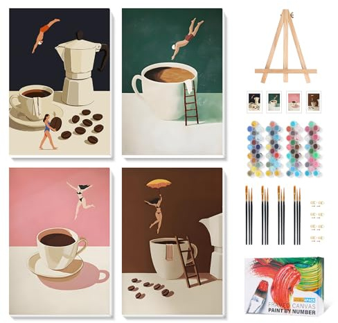 4 Pack Paint by Numbers for Adults with Frame, Funny Coffee, 8 x 12 Inch | Wooden Easel, Framed Canvas, DIY Acrylic Painting Craft Kit, Beginner Friendly, Home Decor, Gift for Women & Men