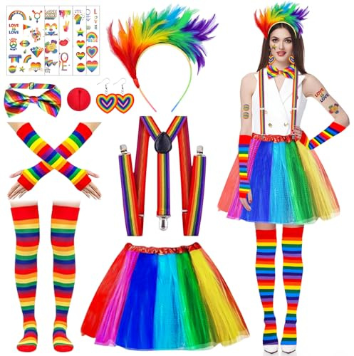 Beibeijia 9 Pezzi Costume Arcobaleno Da Donna, Costume Carnevale Donna, Gonna a tutù Arcobaleno, Gonna Tulle Arcobaleno, Cravate, Guanti, Tatouage, Bretelle et Calzini, Per Carnevale Festa Cosplay