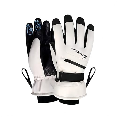 COMPRISA Guantes Térmicos Impermeables para Invierno, Pantalla Táctil, Unisex, con Forro de Felpa, para Esquí, Ciclismo, Senderismo, Actividades al Aire Libre, Negro y Blanco (Blanco)