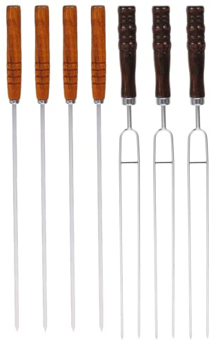 EPIGEIST Set Spiedini per Barbecue in Acciaio Inox Manico in Legno, Spiedo per Griglia Antiscivolo da 7 Pezzi, Utensili per Cucina All’aperto e Picnic, Resistente e Sicuro per Barbecue Outdoor
