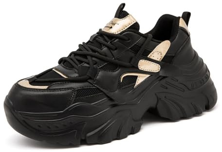 Women's Chunky Platform Sneakers Durable Reinforced Toe Mesh Breathable Lace-Up Shoes (Black,5)