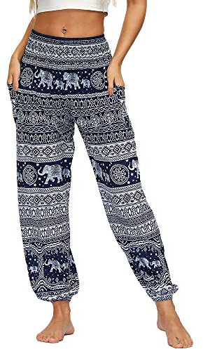 Nuofengkudu Femme Hippie Sarouel Pantalon Poches Taille Haute