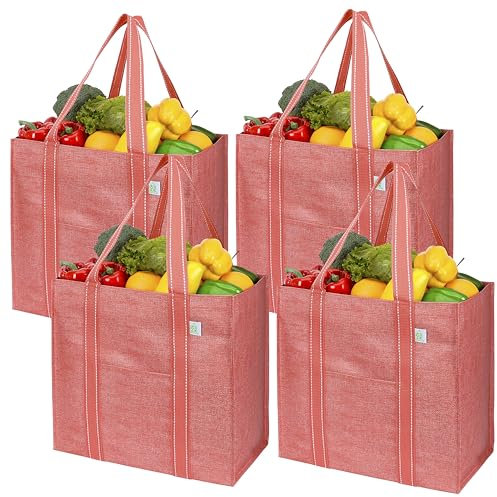 VENO 4 Pack Reusable Grocery Shopping Bags w/Hard Bottom for Trolley Cart, Heavy Duty Tote, Utility Shopper, Beach Bag, Stands Upright, Water-Resistant, Sustainable (Red, 4 Pack)