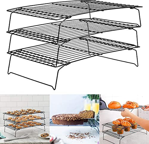 Barrageon Kühlregal 3-Stöckiges Kuchen Das Backen Abkühlgitter Multifunktions Zuhause Küche Brot Keksen Edelstahl Antihaft Auskühlen Backgitter (Schwarz)