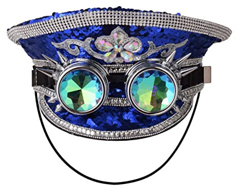 Unisex Pailletten Militär Kapitän Hüte mit Brille Steampunk Zylinder Hut Festival Halloween Cosplay Kostüm Caps (Blau)