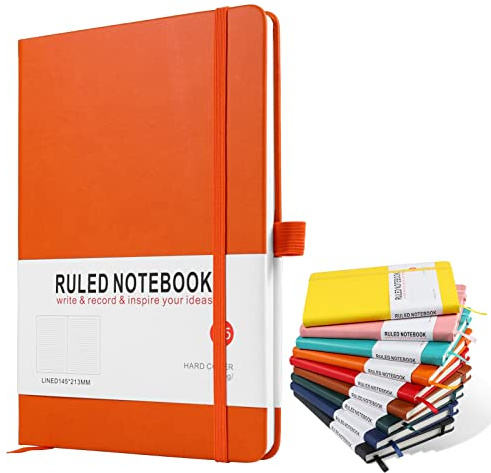 A5 Notebook, Journal Note Pad 200 Pages 80 GSM Journal Notebook Hardback Notepad with Lined Pages, Pen Loop and Expandable Paper Pocket, Journal Notepad Note Book-Orange